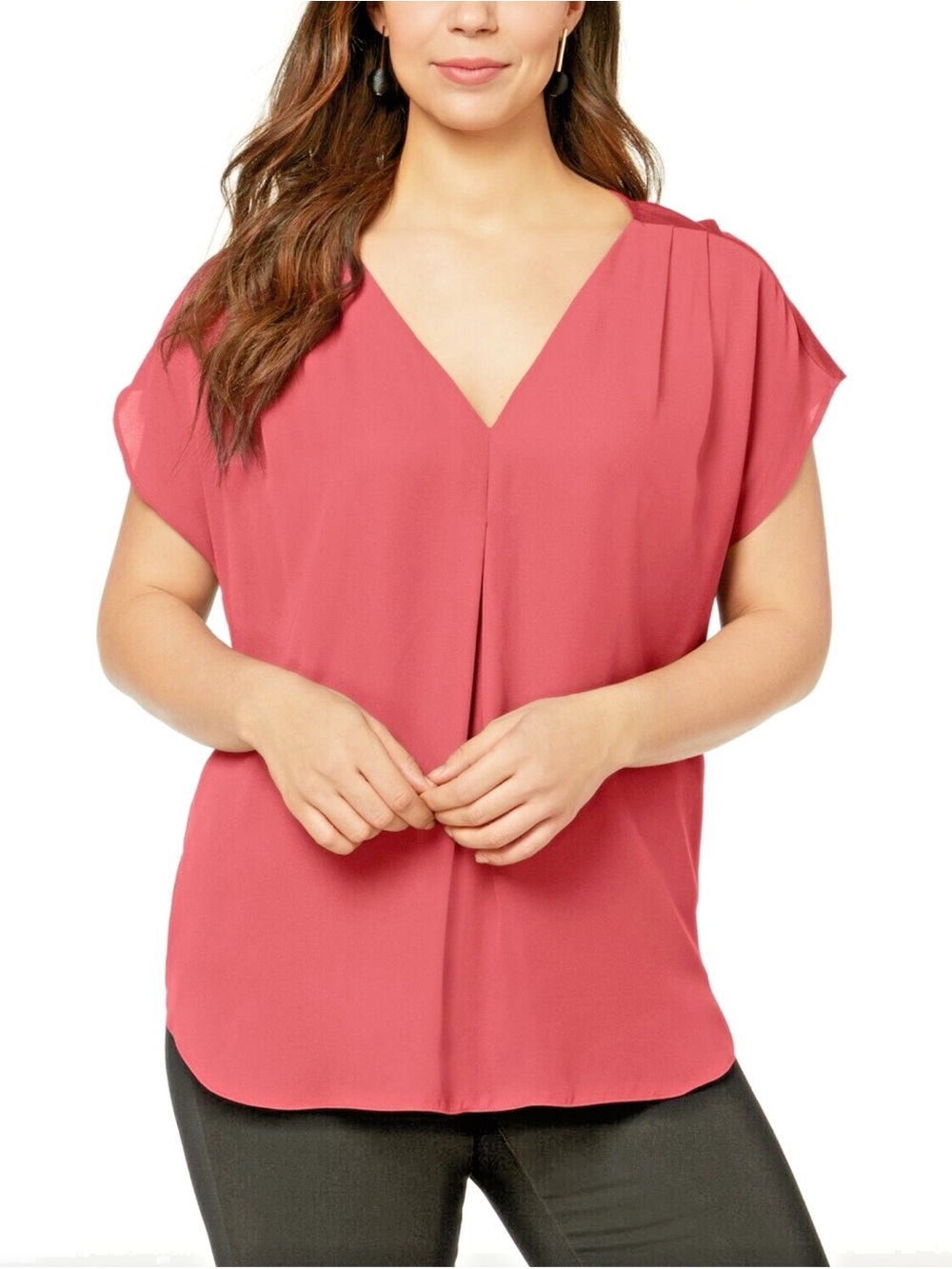 INC International Concepts V-Neck Short Sleeve Blouse - Rose Pink
